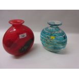Mdina type red glass moon flask together with a similar in turquoise