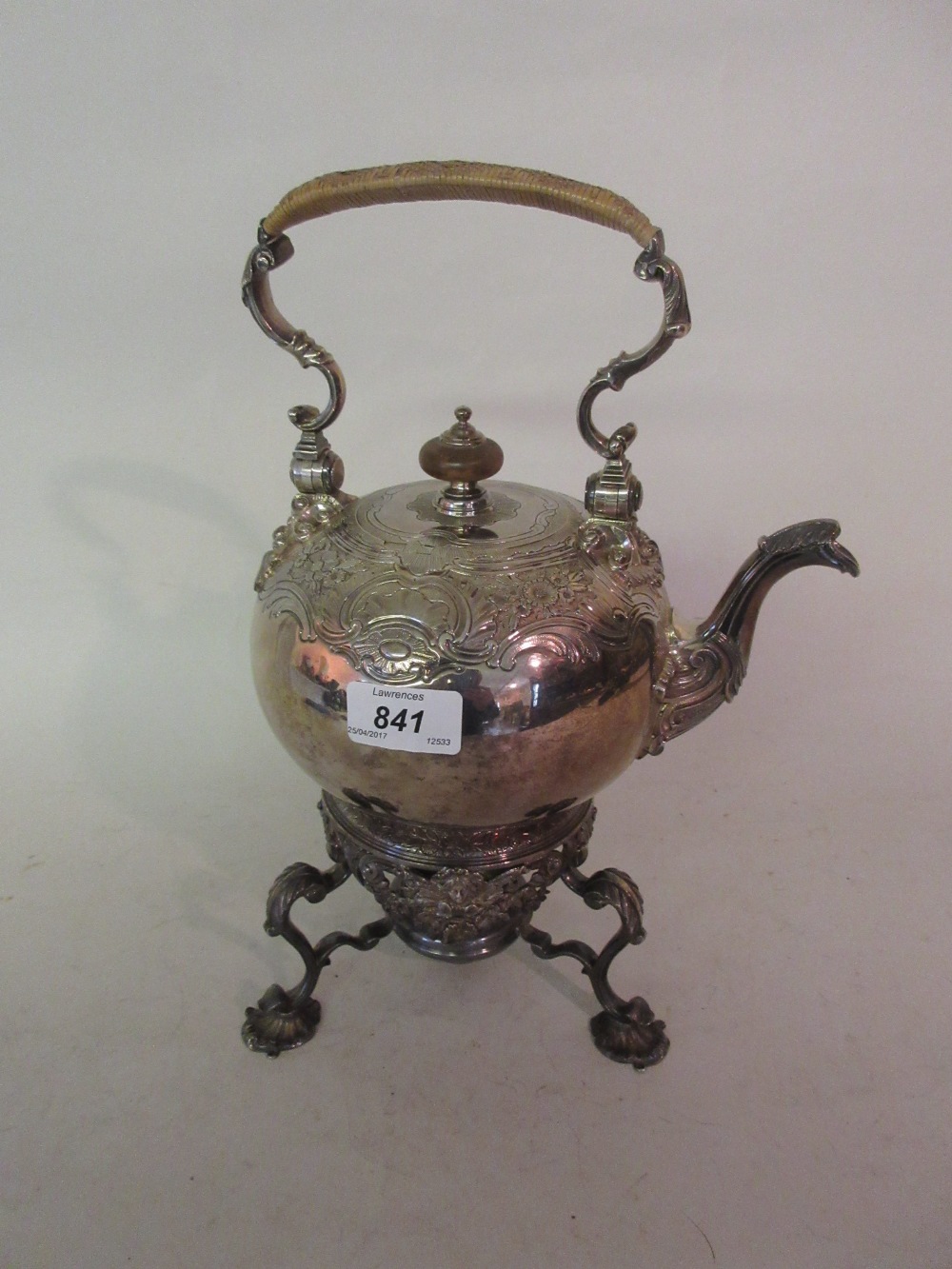 George II silver spirit kettle on stand with embossed and engraved floral and C-scroll decoration - Image 2 of 2