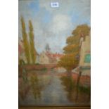 19th Century oil on canvas laid down on board, Flemish canal scene,