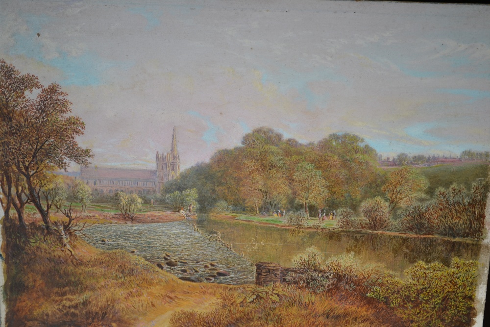 Oil on millboard, river landscape with figures and distant cathedral,