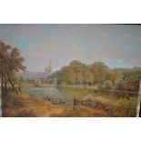 Oil on millboard, river landscape with figures and distant cathedral,