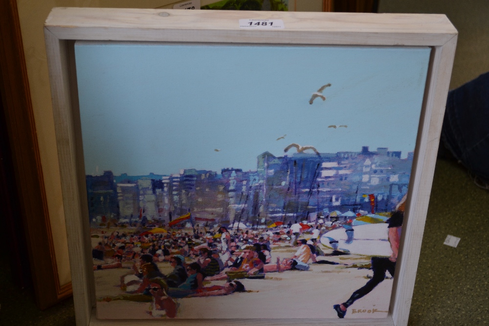 Oil and acrylic on canvas, figures on a beach,