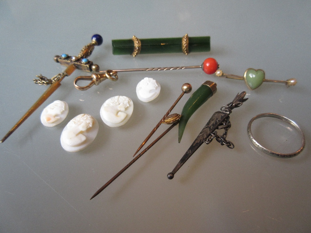 Victorian silver gilt miniature sword, four small cameo portrait plaques, two jade brooches,