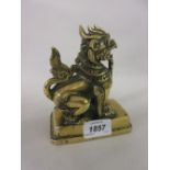 Antique Chinese gilt bronze Kylin dog figure with glass inset eyes and decoration, 5.