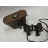 Leather cased pair of Carl Zeiss Turact military binoculars with integral compass in case