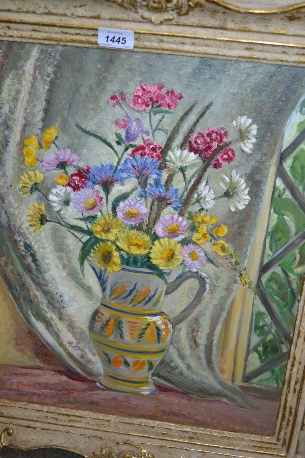 Muriel Wheeler, oil on board, study of daisies in a vase, inscribed verso,