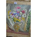 Muriel Wheeler, oil on board, study of daisies in a vase, inscribed verso,