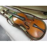 19th Century 14ins violin with bow in a fitted case