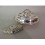Walker and Hall Sheffield silver embossed and shaped dressing table box with hinged cover together