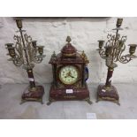 19th Century French rouge marble and ormolu mounted three piece clock garniture