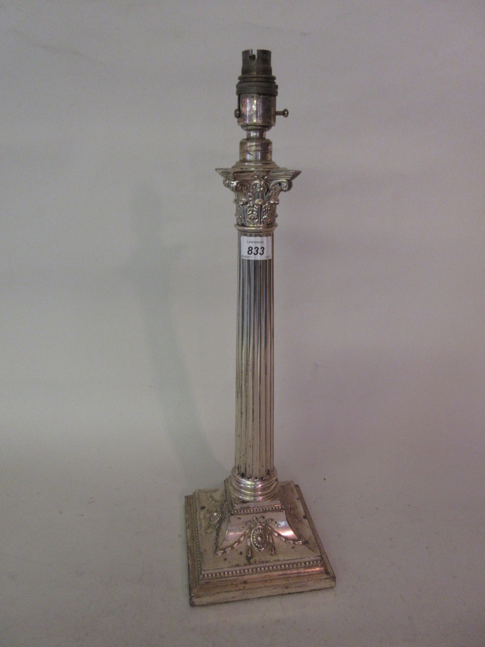 Large silver plated Corinthian column table lamp base with square stepped base