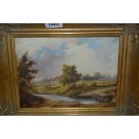 Attributed to Charles Haig Wood, oil on panel, river landscape with distant cattle and village,