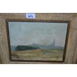 American school oil on canvas laid onto board, landscape with distant town, signed Rix,
