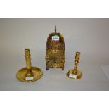 Small brass lantern clock with quartz movement and two brass candlesticks