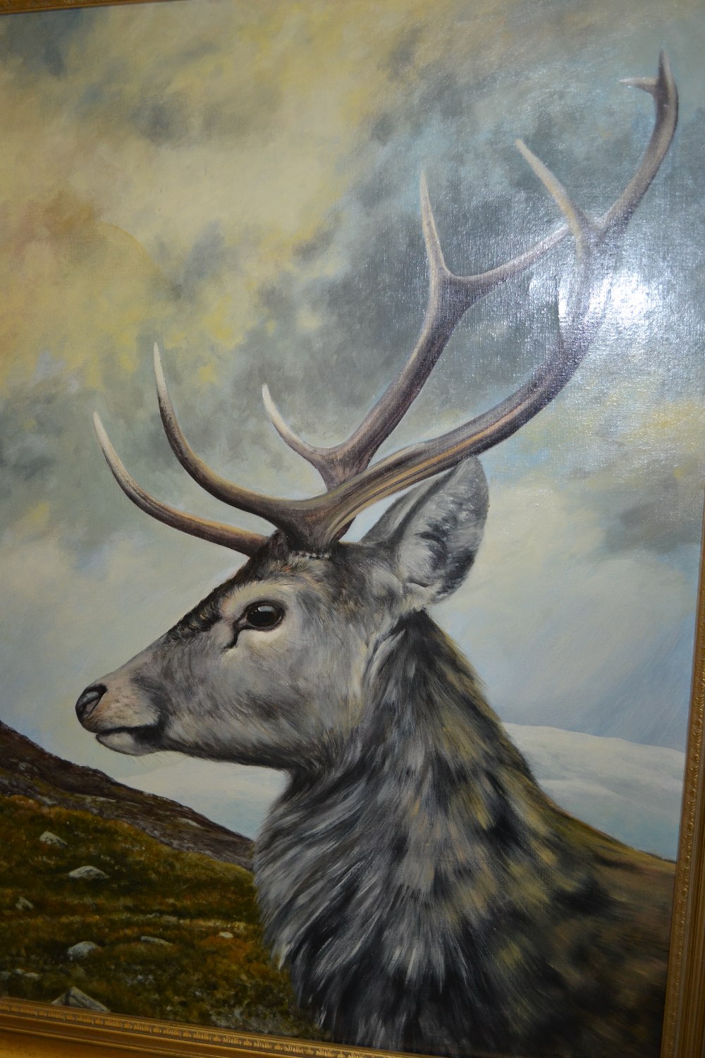 Timothy Greenwood, oil on canvas, portrait of a stag in a mountain landscape, 36ins x 24ins,