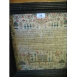Early 19th Century sampler having extensively embellished border with house figures,