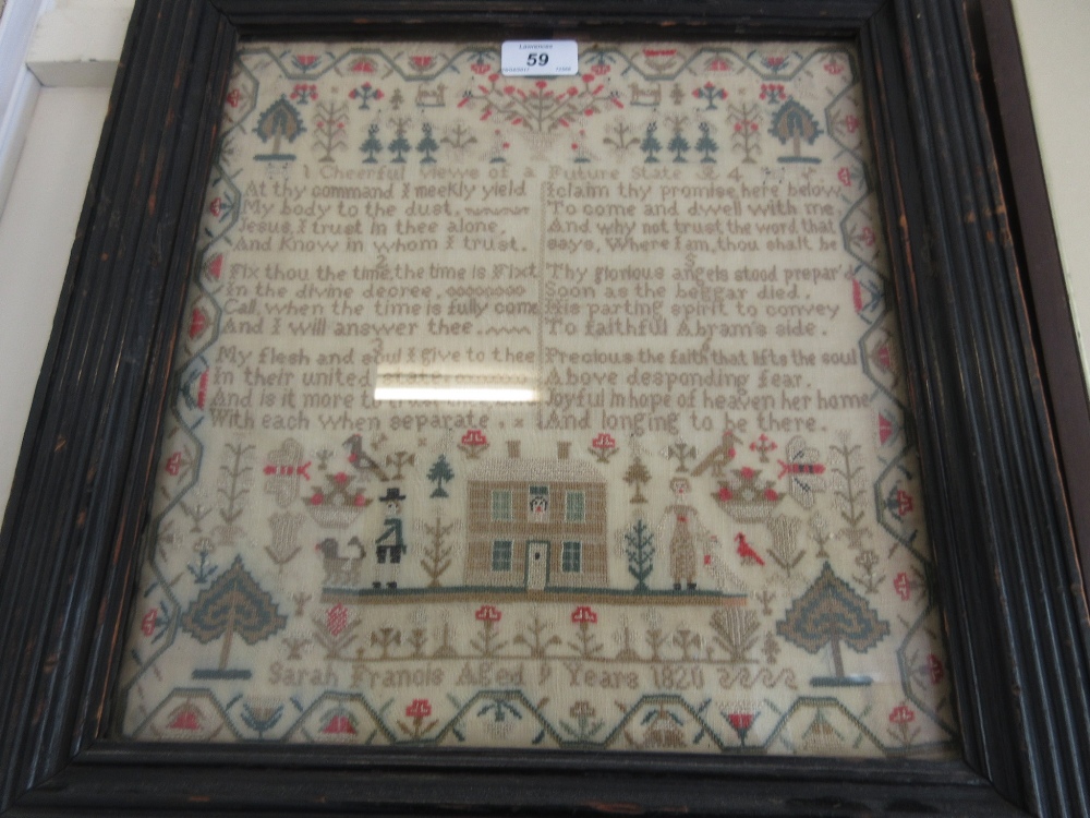 Early 19th Century sampler having extensively embellished border with house figures, - Image 2 of 6