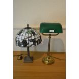 Brass and green glass desk lamp together with a modern table lamp with Tiffany style shade