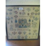 Early 19th Century pictorial needlework sampler of a house with figures and trees by Charlotte