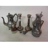Pair of silver plated on copper candlesticks, plated hot water pot, two pewter jugs,