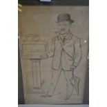 Group of seven large early 20th Century pen and ink caricatures, mounted and unframed,