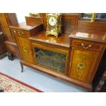 Edwardian mahogany and line inlaid side cabinet with painted decoration of portraits of ladies