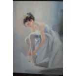 20th Century oil on canvas, study of a ballet dancer tying her shoe, 23ins x 19ins,