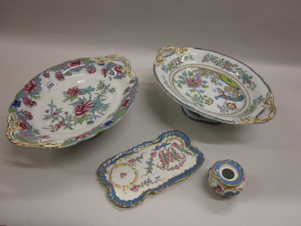 Late Dresden porcelain inkwell with tray together with two English pottery oval comports