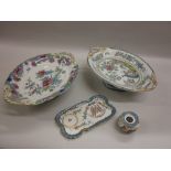 Late Dresden porcelain inkwell with tray together with two English pottery oval comports