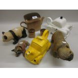 Collection of pottery novelty teapots, two nodding figures of dogs,