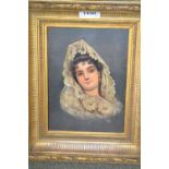 19th / 20th Century oil on panel, half length portrait of a lady with white lace head scarf,