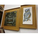 Two framed tile pictures of owls