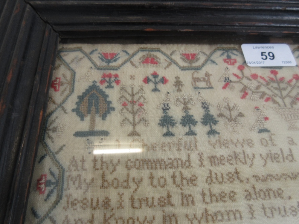 Early 19th Century sampler having extensively embellished border with house figures, - Bild 4 aus 6