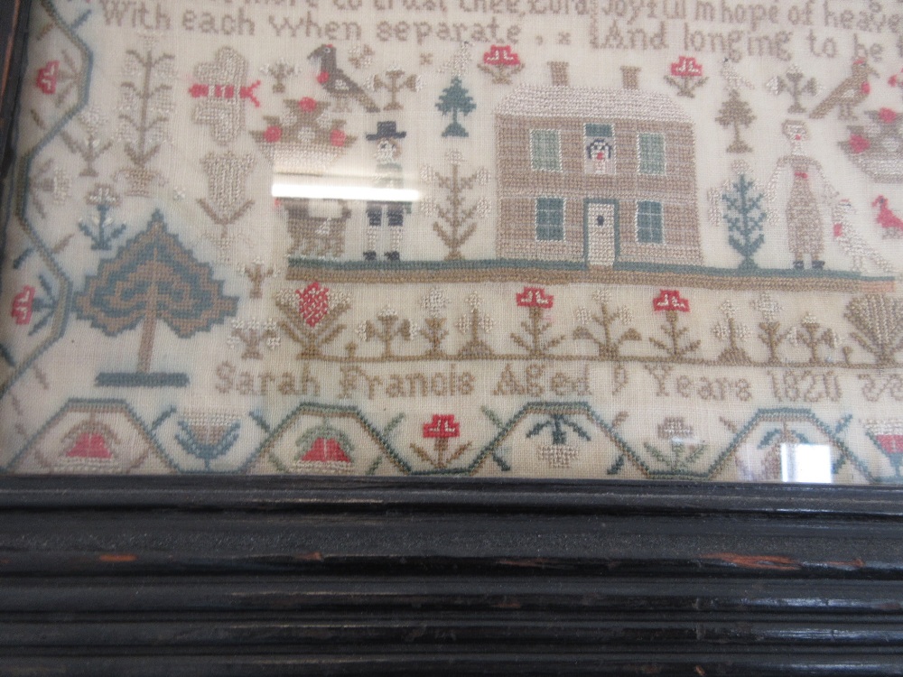 Early 19th Century sampler having extensively embellished border with house figures, - Bild 5 aus 6