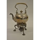 George II silver spirit kettle on stand with embossed and engraved floral and C-scroll decoration