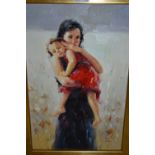 20th Century oil on canvas, study of mother and child, signed with initials I.Z., 18ins x 11.