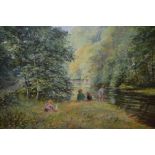 Ted Dyer, oil on canvas, children on a river bank, signed, 17ins x 23ins,