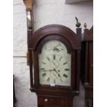 19th Century mahogany line inlaid longcase clock having painted arch top dial with Roman numerals,