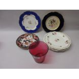 Set of four 19th Century floral painted plates together with three other plates and a cranberry