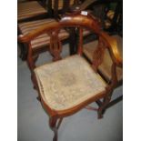 Edwardian beechwood and marquetry inlaid corner chair with a twin vase splat back and cabriole