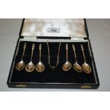 Cased set of six London silver Apostle coffee spoons with tongs