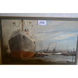 Modern British school, watercolour, dockland scene with a ship at a quayside, signed Middleton,