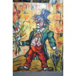 Unframed oil on canvas, portrait of a clown with a bunch of flowers, indistinctly signed,