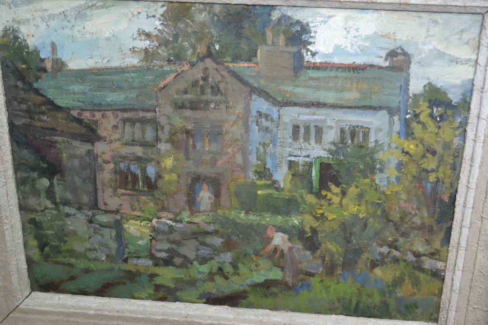 Constance A. Parker, oil on canvas, figures in a cottage garden, inscribed verso, 11.5ins x 15.