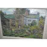 Constance A. Parker, oil on canvas, figures in a cottage garden, inscribed verso, 11.5ins x 15.