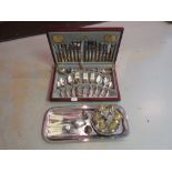 Mahogany cased silver plated canteen of Queens pattern cutlery, rectangular plated tray,