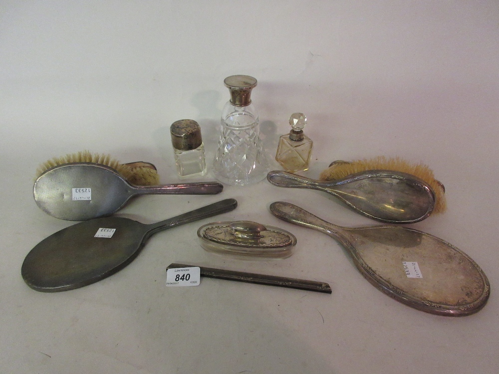 Three piece silver dressing table set,