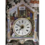 19th Century German porcelain wall clock decorated with figures in interiors with circular enamel