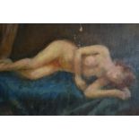 Oil on board, female nude study, signed M.P.