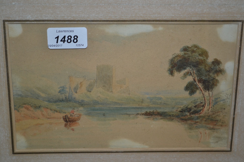 Small watercolour, river landscape with figure in a boat and castle in the distance, unsigned,